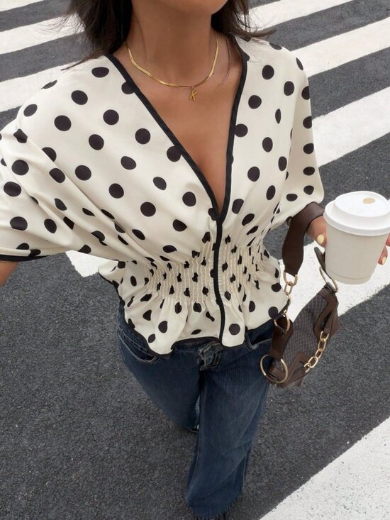 Tops - Apricot Casual Women's Elegant French Polka Dot Peplum V-Neck Short Sleeve Top